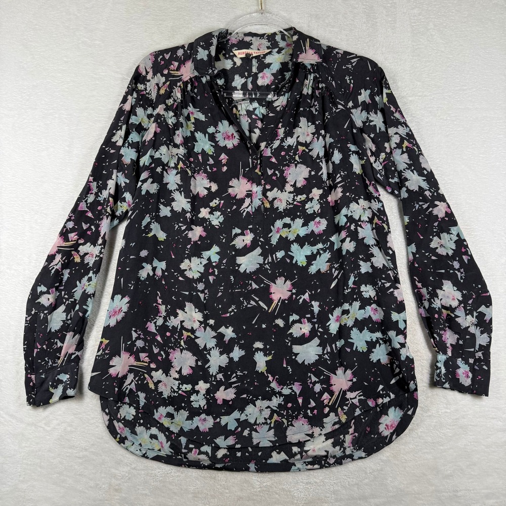 Rebecca Taylor Silk Floral Blouse Womens Size 0 Black Blue Sheer V-Neck Top